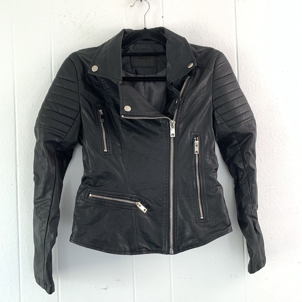 Blank NYC Womens XS Faux Leather Jacket Padded Moto Black Full Zip Collar
